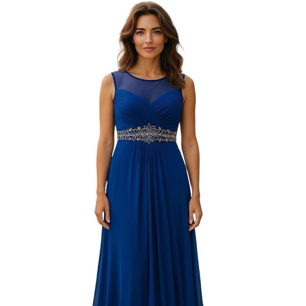 Cachet Size 8 Ruched Bodice Formal Maxi Gown Cobalt Blue With Silver Embroidery